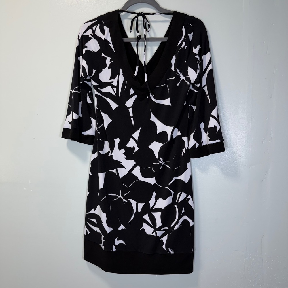 White House Black Market Floral V-Neck Bell Sleeve Tie Back Dress Black White S